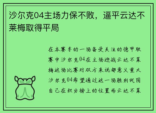 沙尔克04主场力保不败，逼平云达不莱梅取得平局